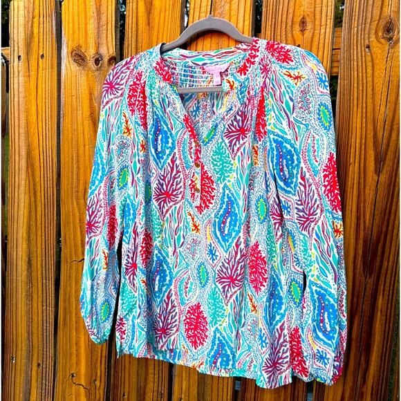 Lilly Pulitzer Blouse Silk Elsa Gold Button Lets Minnow Size Small - Picture 2 of 12